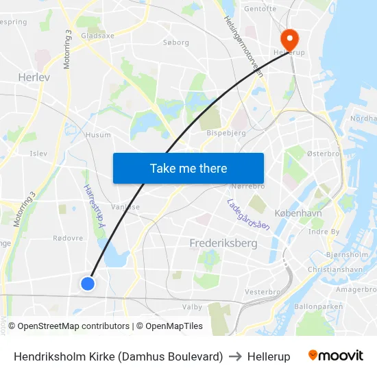 Hendriksholm Kirke (Damhus Boulevard) to Hellerup map