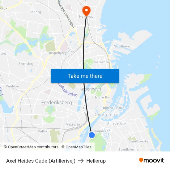 Axel Heides Gade (Artillerivej) to Hellerup map