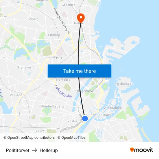 Polititorvet to Hellerup map