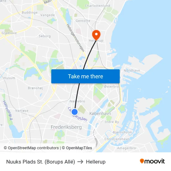 Nuuks Plads St. (Borups Allé) to Hellerup map