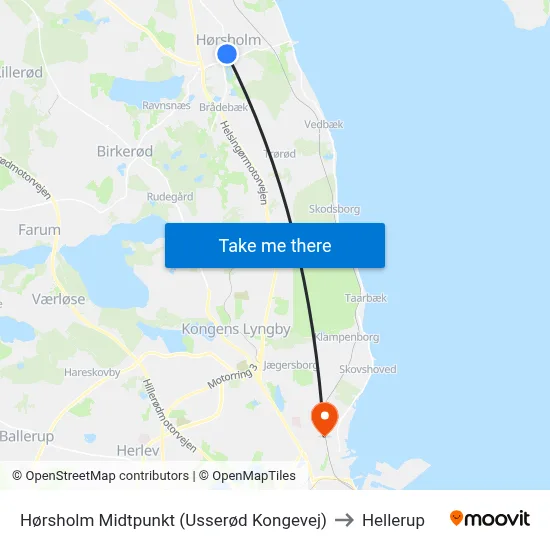 Hørsholm Midtpunkt (Usserød Kongevej) to Hellerup map