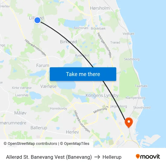 Allerød St. Banevang Vest (Banevang) to Hellerup map