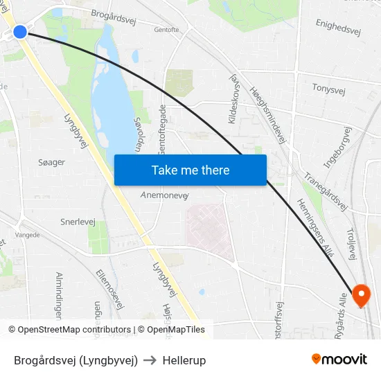 Brogårdsvej (Lyngbyvej) to Hellerup map