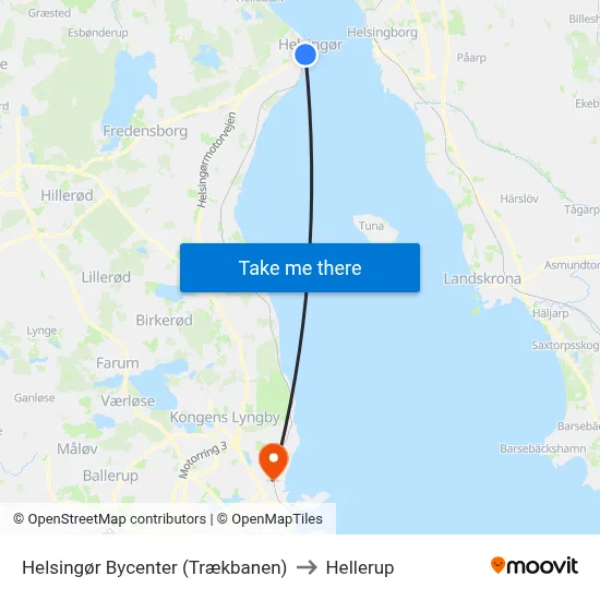 Helsingør Bycenter (Trækbanen) to Hellerup map