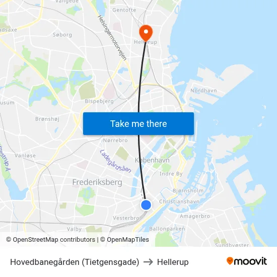 Hovedbanegården (Tietgensgade) to Hellerup map