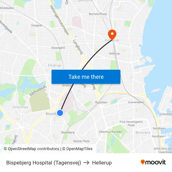 Bispebjerg Hospital (Tagensvej) to Hellerup map