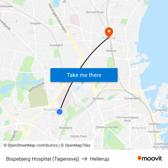 Bispebjerg Hospital (Tagensvej) to Hellerup map