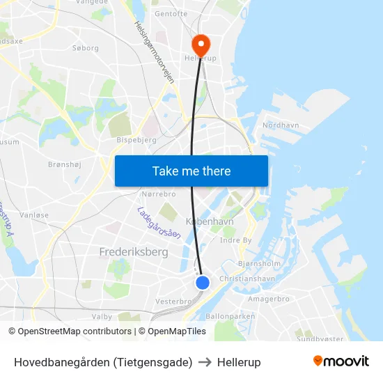 Hovedbanegården (Tietgensgade) to Hellerup map