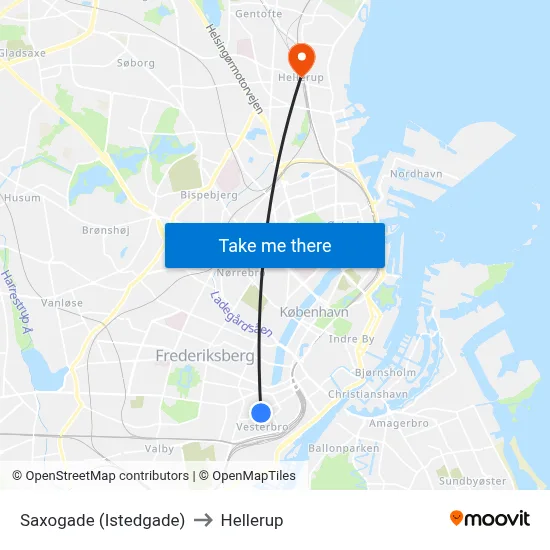 Saxogade (Istedgade) to Hellerup map