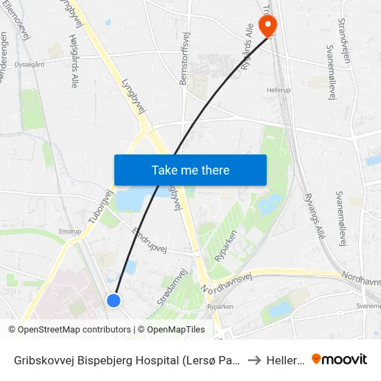 Gribskovvej Bispebjerg Hospital (Lersø Parkallé) to Hellerup map