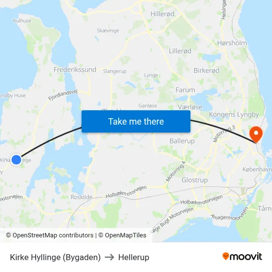 Kirke Hyllinge (Bygaden) to Hellerup map
