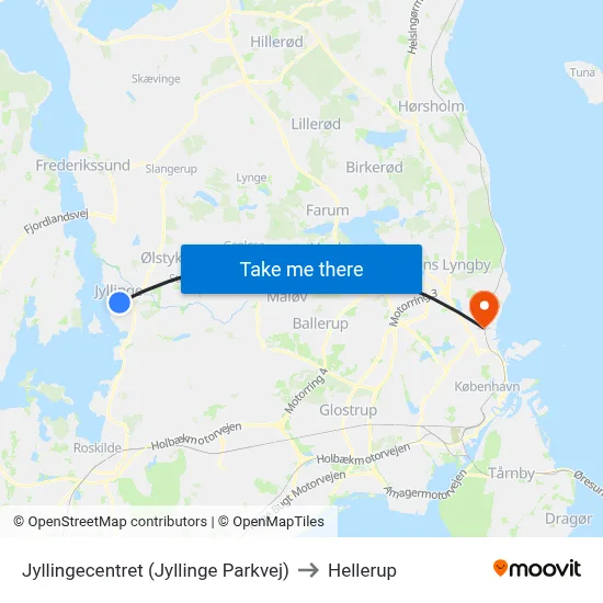 Jyllingecentret (Jyllinge Parkvej) to Hellerup map