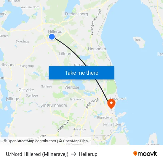 U/Nord Hillerød (Milnersvej) to Hellerup map