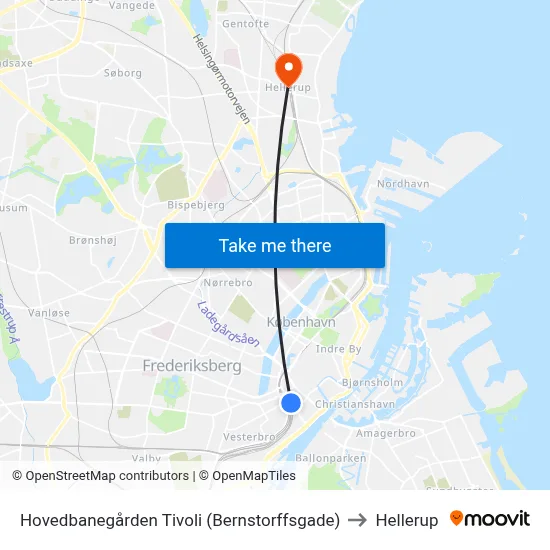Hovedbanegården Tivoli (Bernstorffsgade) to Hellerup map