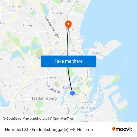 Nørreport St. (Frederiksborggade) to Hellerup map