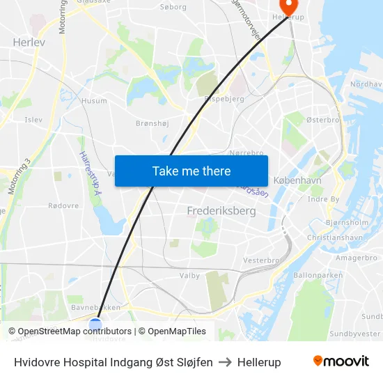 Hvidovre Hospital Indgang Øst Sløjfen to Hellerup map