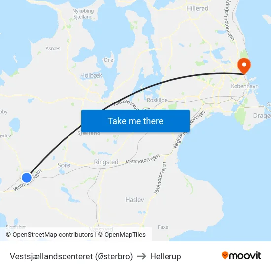 Vestsjællandscenteret (Østerbro) to Hellerup map