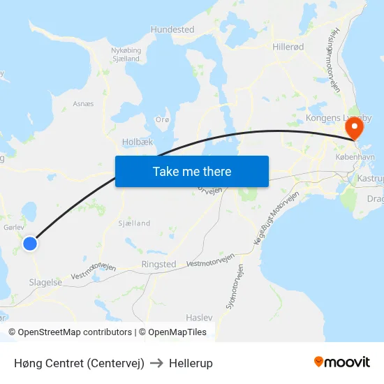 Høng Centret (Centervej) to Hellerup map