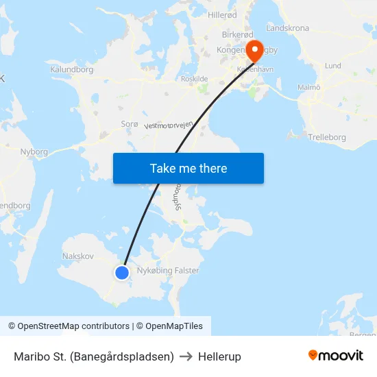 Maribo St. (Banegårdspladsen) to Hellerup map