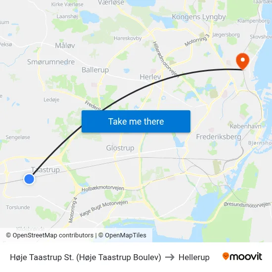 Høje Taastrup St. (Høje Taastrup Boulev) to Hellerup map