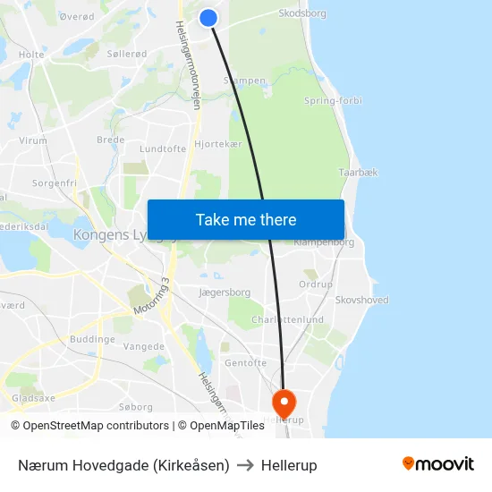 Nærum Hovedgade (Kirkeåsen) to Hellerup map