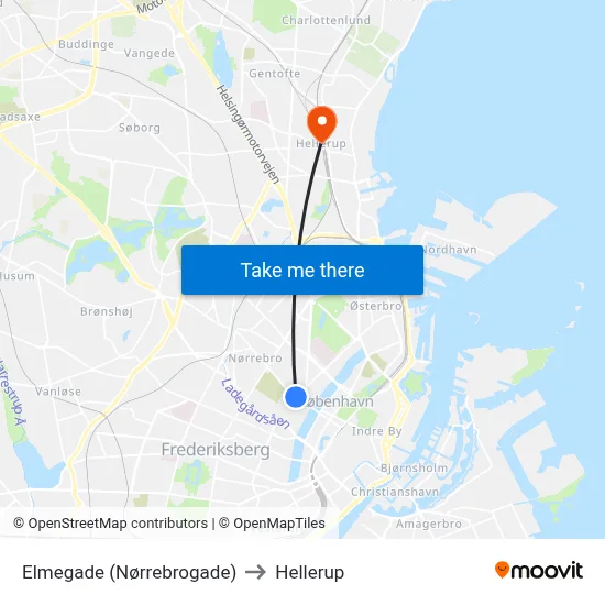 Elmegade (Nørrebrogade) to Hellerup map