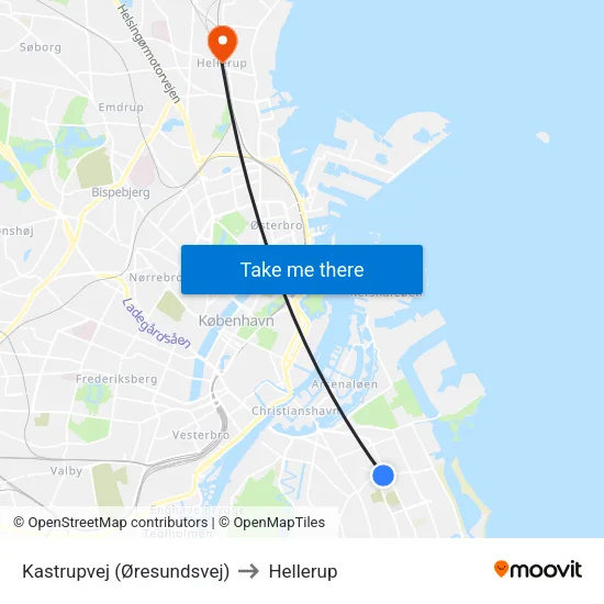 Kastrupvej (Øresundsvej) to Hellerup map