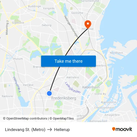 Lindevang St. (Metro) to Hellerup map