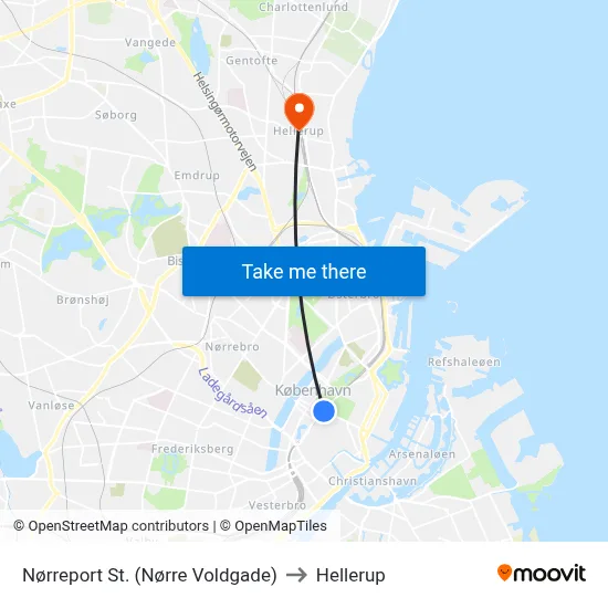 Nørreport St. (Nørre Voldgade) to Hellerup map