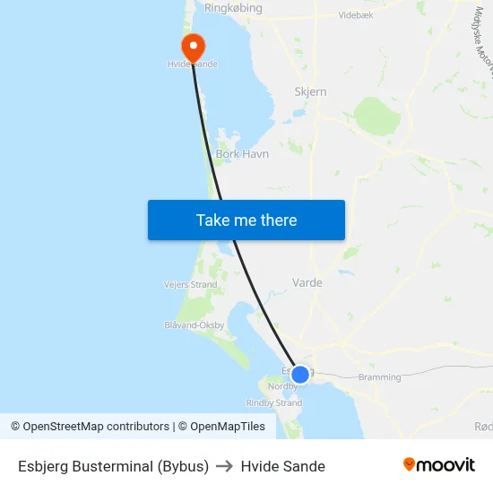 Esbjerg Busterminal (Bybus) to Hvide Sande map