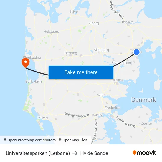 Universitetsparken (Letbane) to Hvide Sande map