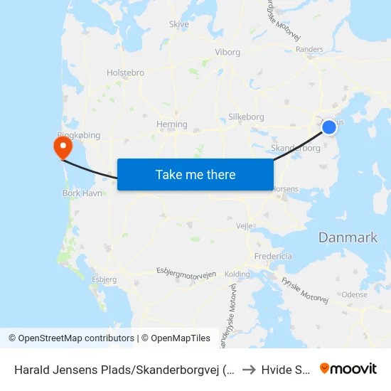 Harald Jensens Plads/Skanderborgvej (Aarhus Kom) to Hvide Sande map