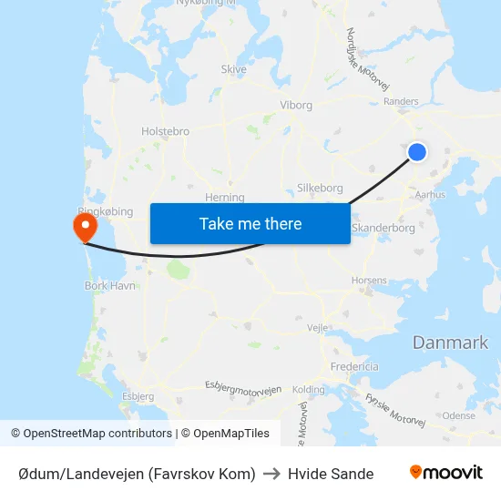 Ødum/Landevejen (Favrskov Kom) to Hvide Sande map
