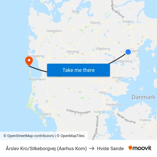 Årslev Kro/Silkeborgvej (Aarhus Kom) to Hvide Sande map