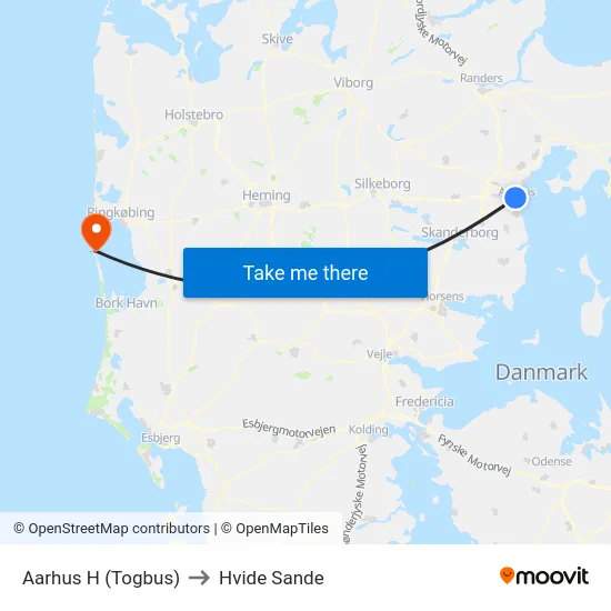 Aarhus H (Togbus) to Hvide Sande map