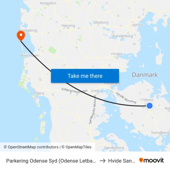 Parkering Odense Syd (Odense Letbane) to Hvide Sande map