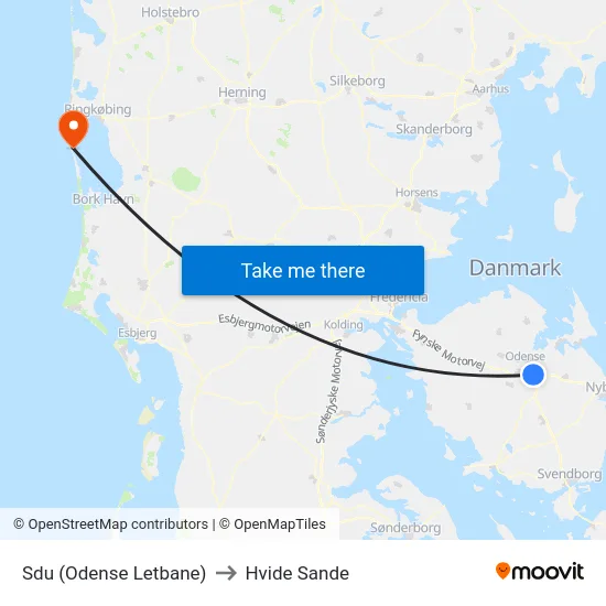 Sdu (Odense Letbane) to Hvide Sande map
