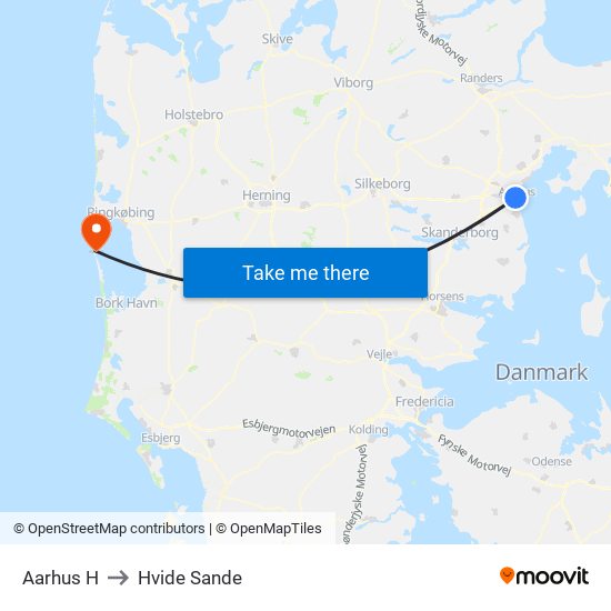 Aarhus H to Hvide Sande map