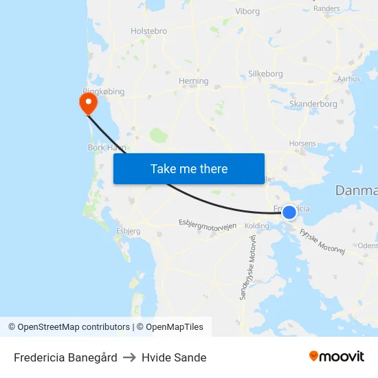 Fredericia Banegård to Hvide Sande map