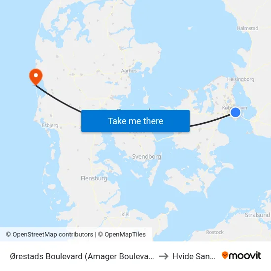 Ørestads Boulevard (Amager Boulevard) to Hvide Sande map