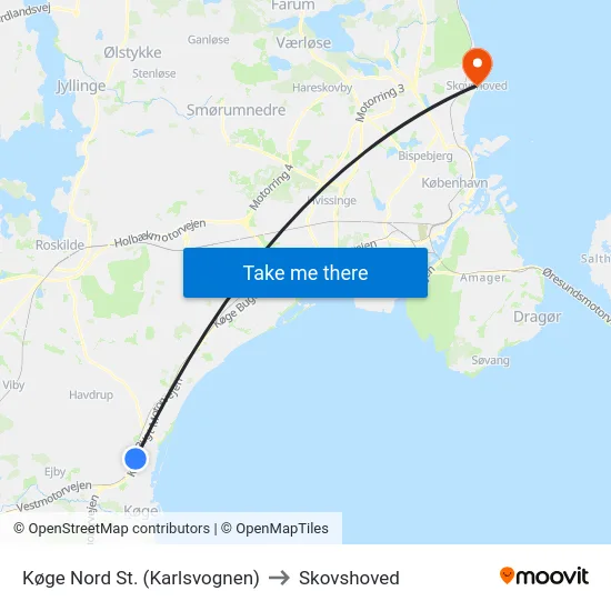 Køge Nord St. (Karlsvognen) to Skovshoved map