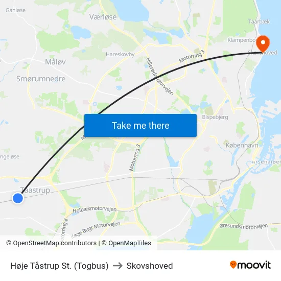 Høje Tåstrup St. (Togbus) to Skovshoved map
