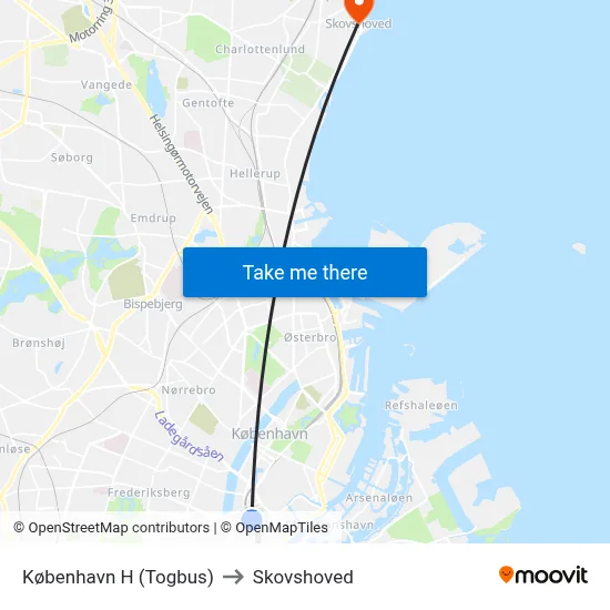 København H (Togbus) to Skovshoved map