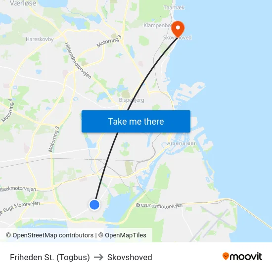 Friheden St. (Togbus) to Skovshoved map