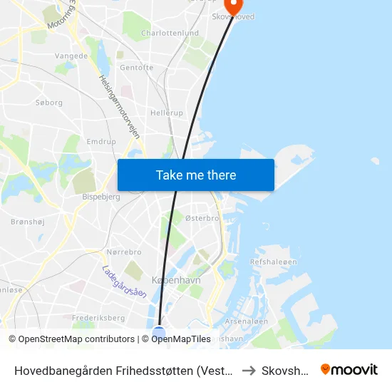 Hovedbanegården Frihedsstøtten (Vesterbrogade) to Skovshoved map