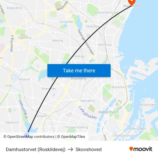 Damhustorvet (Roskildevej) to Skovshoved map