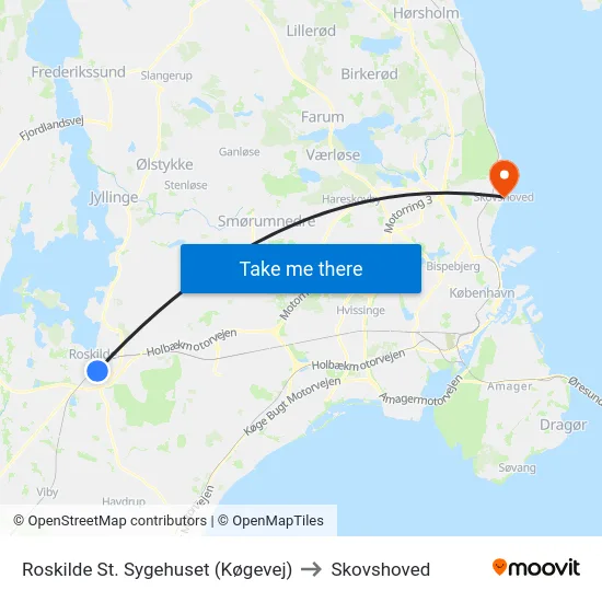 Roskilde St. Sygehuset (Køgevej) to Skovshoved map