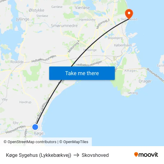 Køge Sygehus (Lykkebækvej) to Skovshoved map