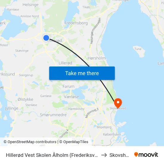 Hillerød Vest Skolen Ålholm (Frederiksværksgade) to Skovshoved map