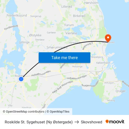 Roskilde St. Sygehuset (Ny Østergade) to Skovshoved map